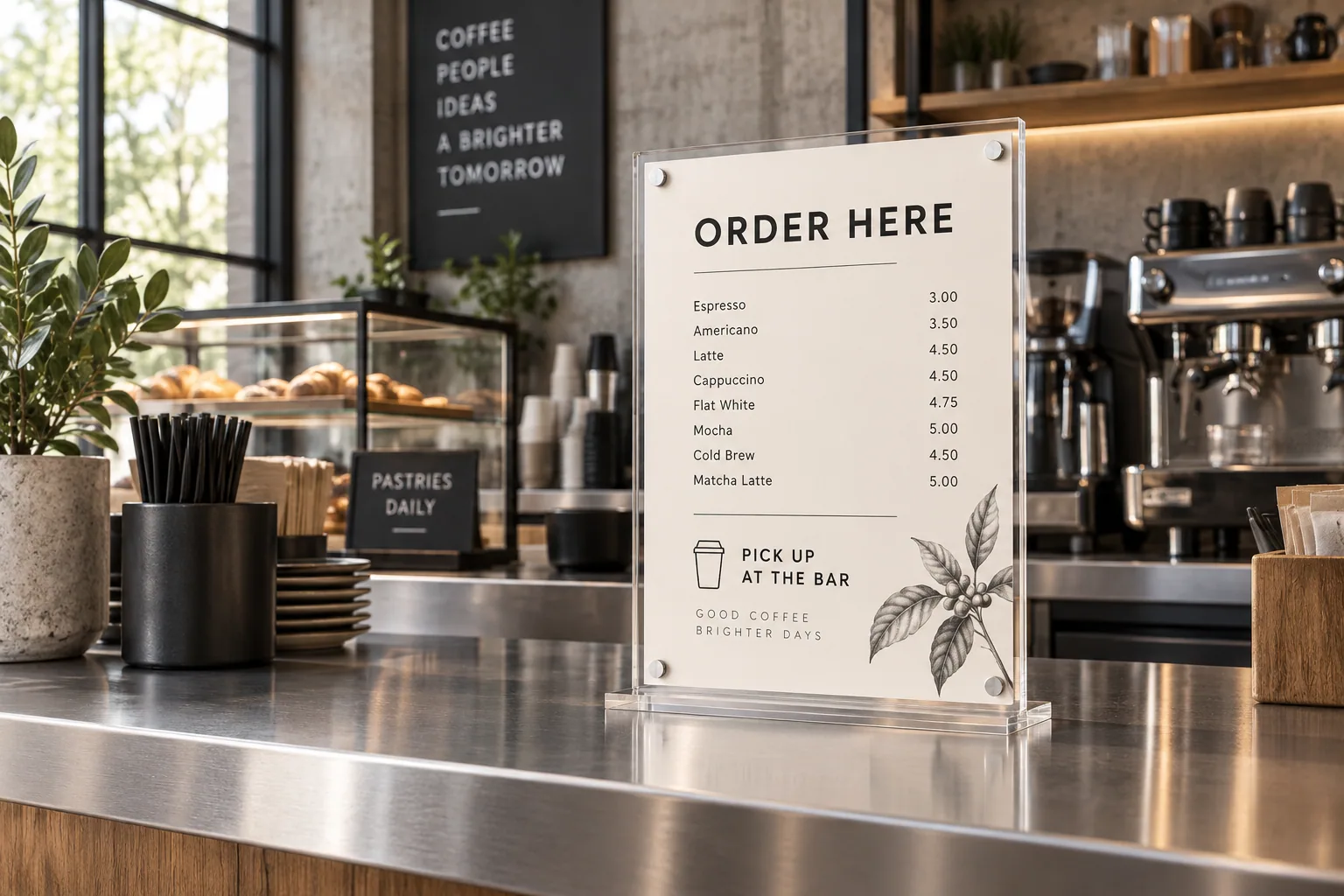 Clear magnetic sign holder on a steel counter in an industrial cafe