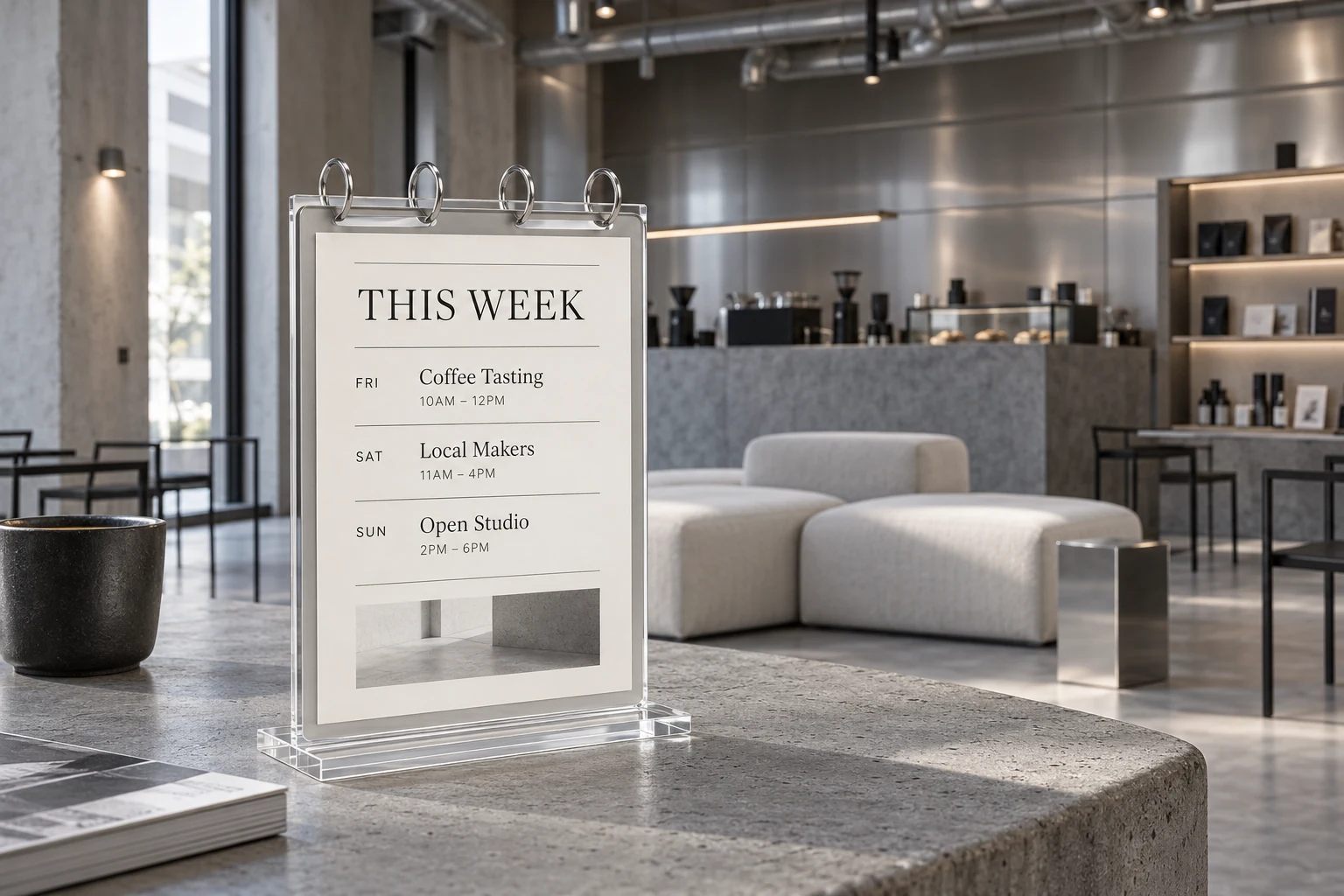 VISUP acrylic flip sign holder with four silver rings and a weekly cafe program in a concrete and steel shared space