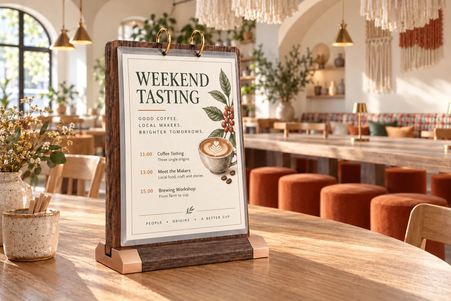 VISUP walnut-color wood-base flip sign holder with a flat clear sleeve on a communal timber table in a light cafe with orange stools and woven pendants