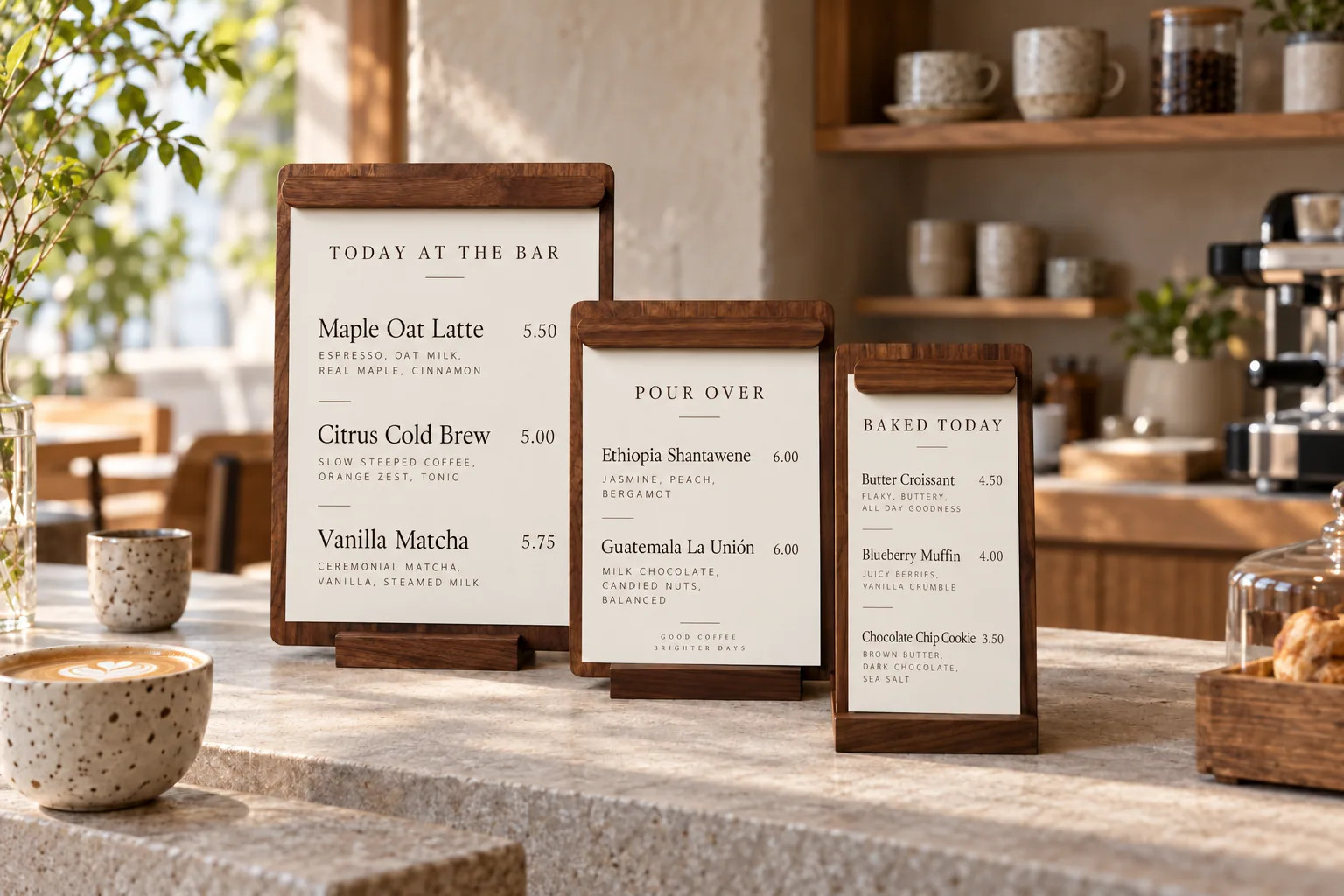 Three dark wood framed tabletop signs on a sunlit cafe counter