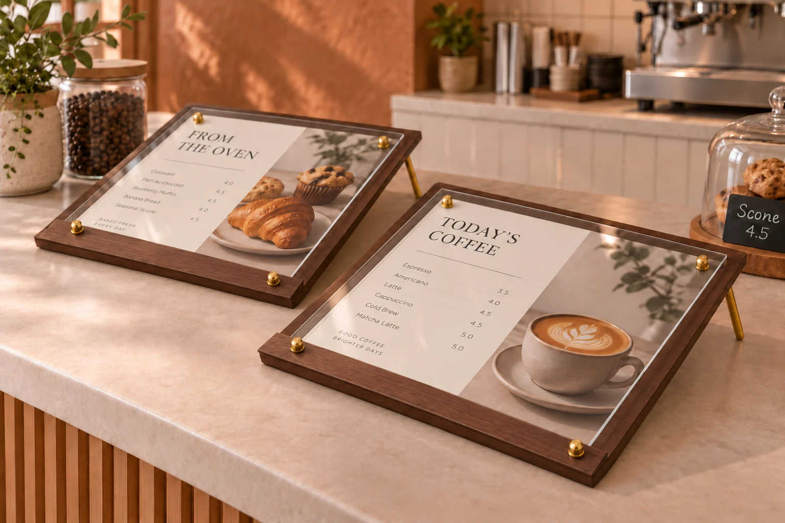 Two low-angle walnut-color standoff sign holders, each with gold screw heads fastening a wooden strip over the lower acrylic edge