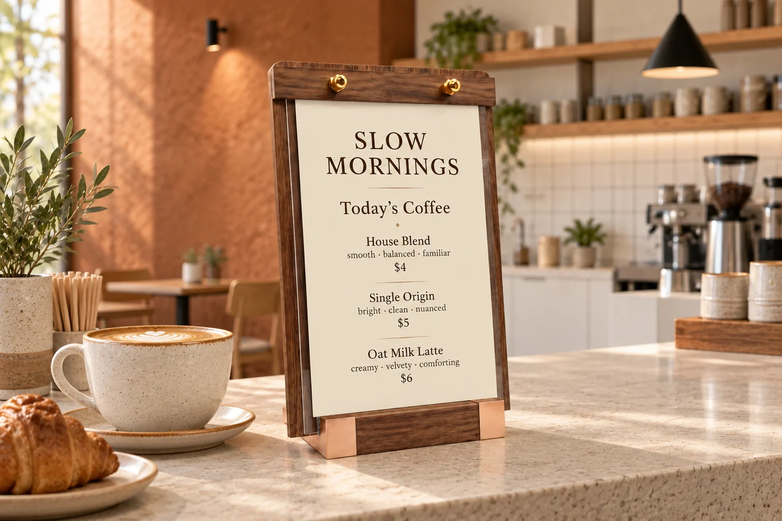 VISUP walnut-color portrait wooden sign holder on a pale counter against a warm terracotta cafe wall