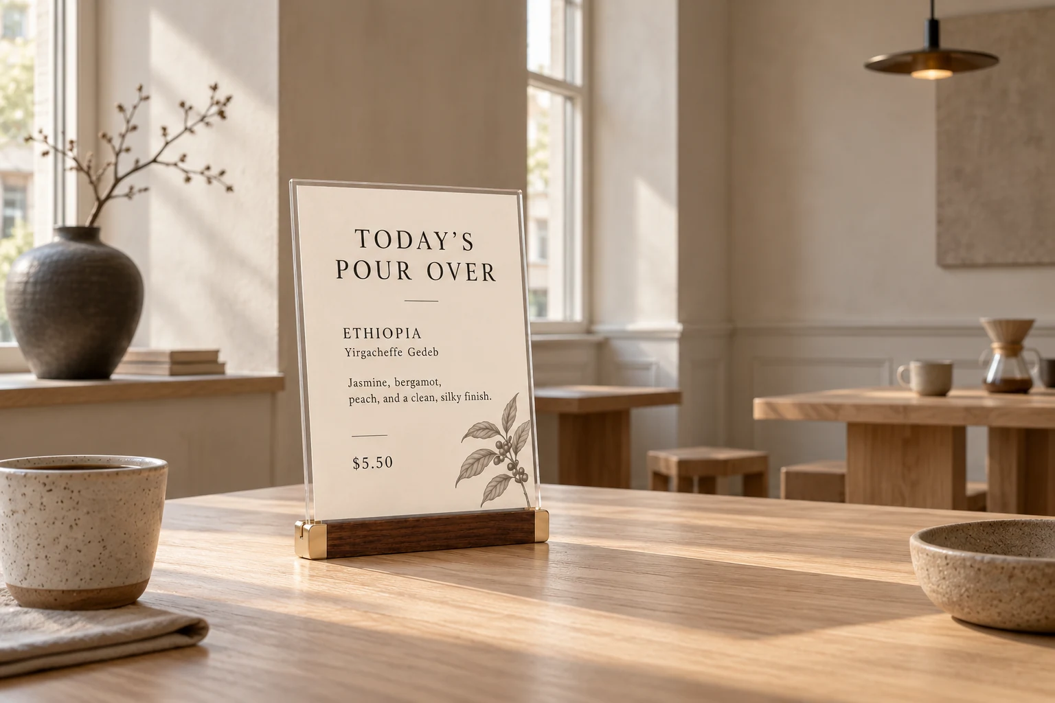 L-shaped acrylic sign holder on a pale oak table in a quiet cafe