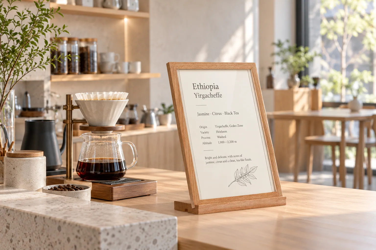 Upcoming pale wood A4 frame beside a pour-over station