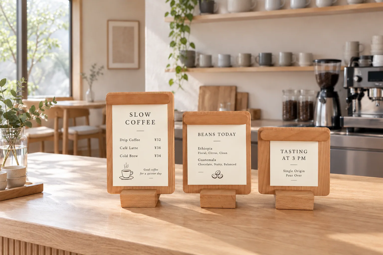 Three upcoming pale wood tabletop card holders with coffee, bean and tasting inserts