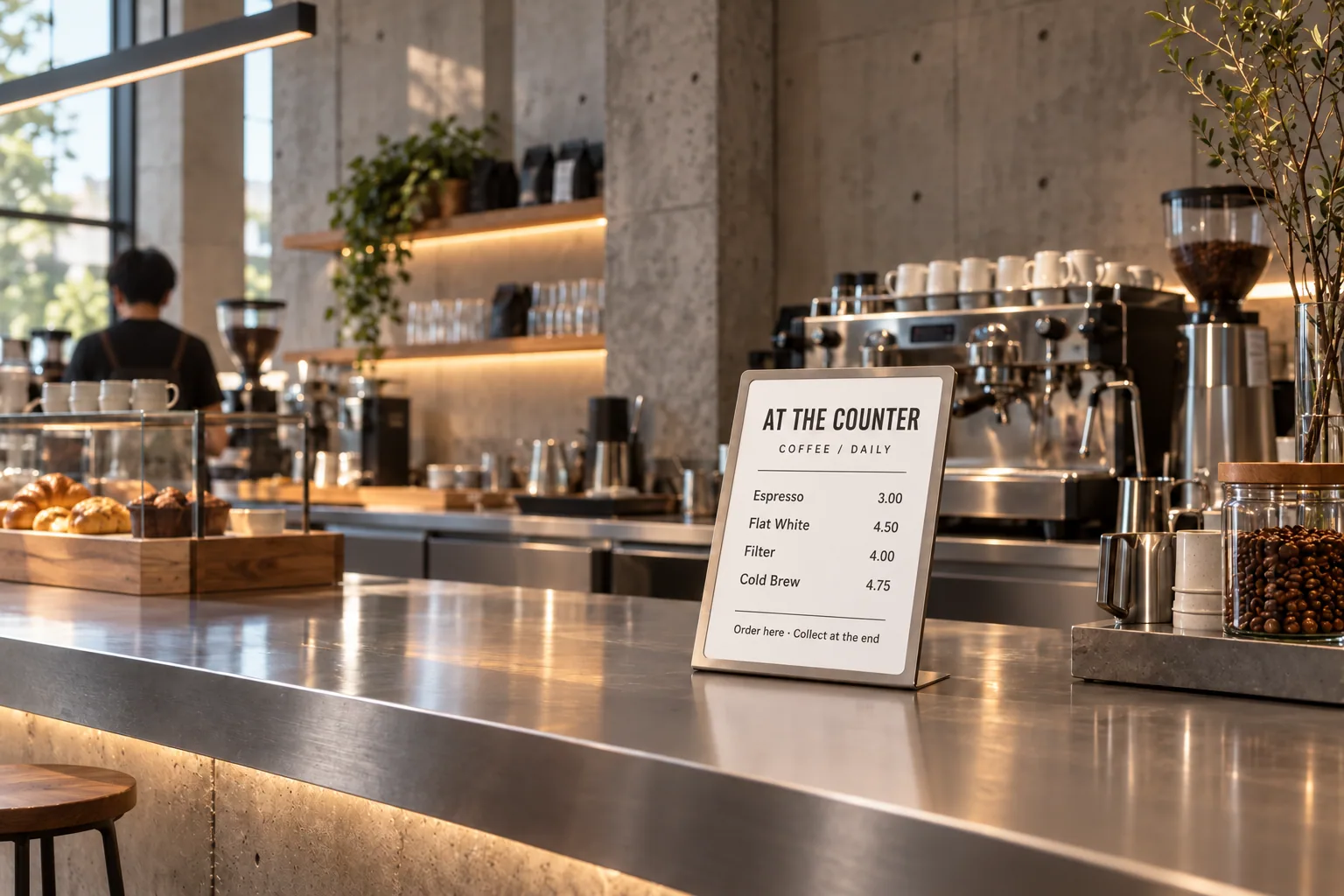 Upcoming brushed metal tabletop sign on a steel coffee counter