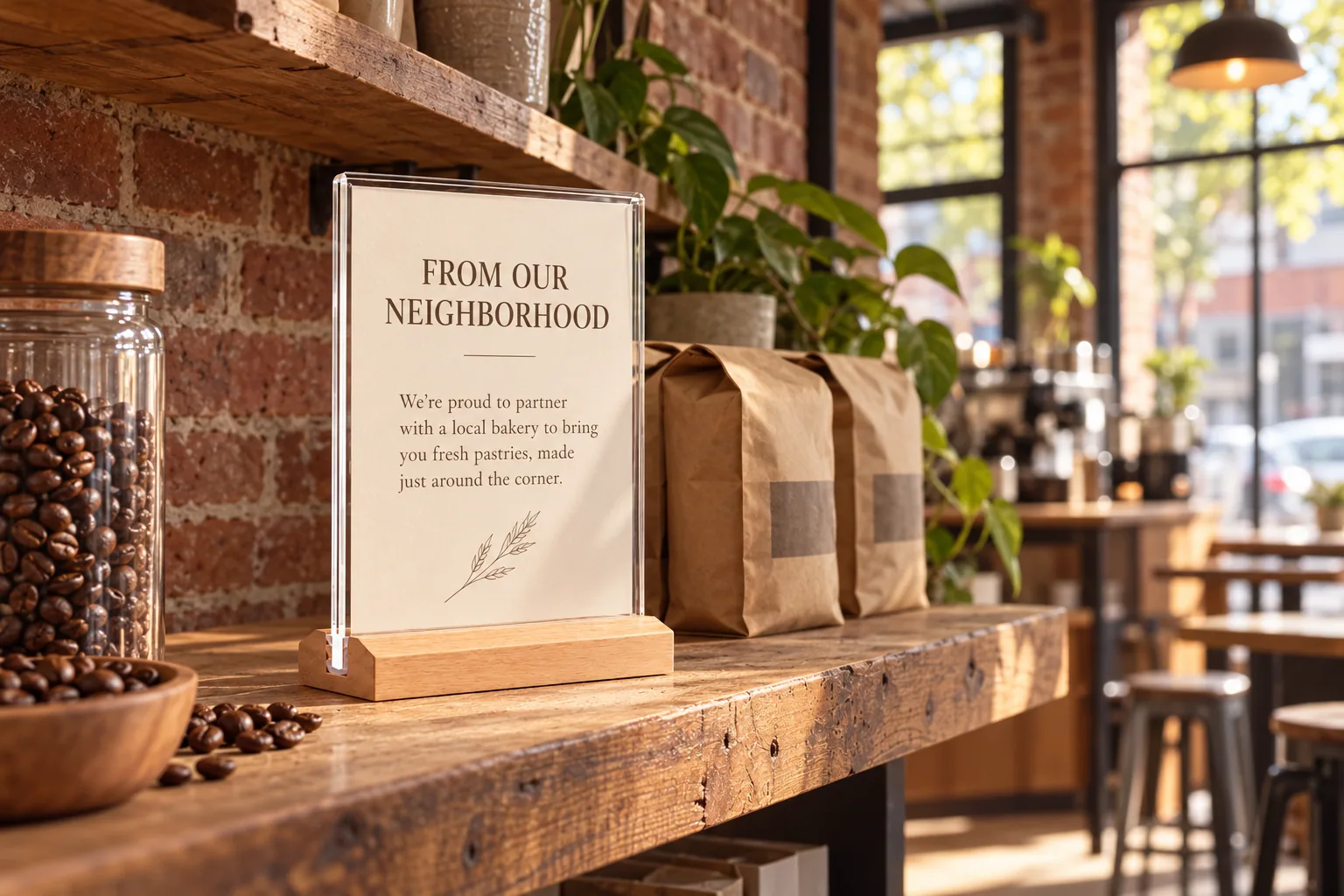 Upcoming clear-panel sign with pale wood base on a neighborhood cafe shelf