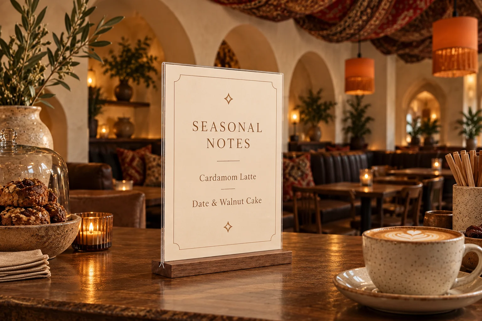 Clear acrylic sign holder with a walnut-color wooden base displaying seasonal notes in a richly textured cafe