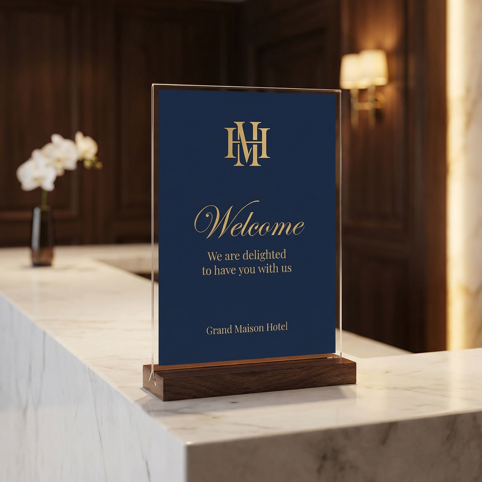 VISUP clear acrylic tabletop display in a hotel interior