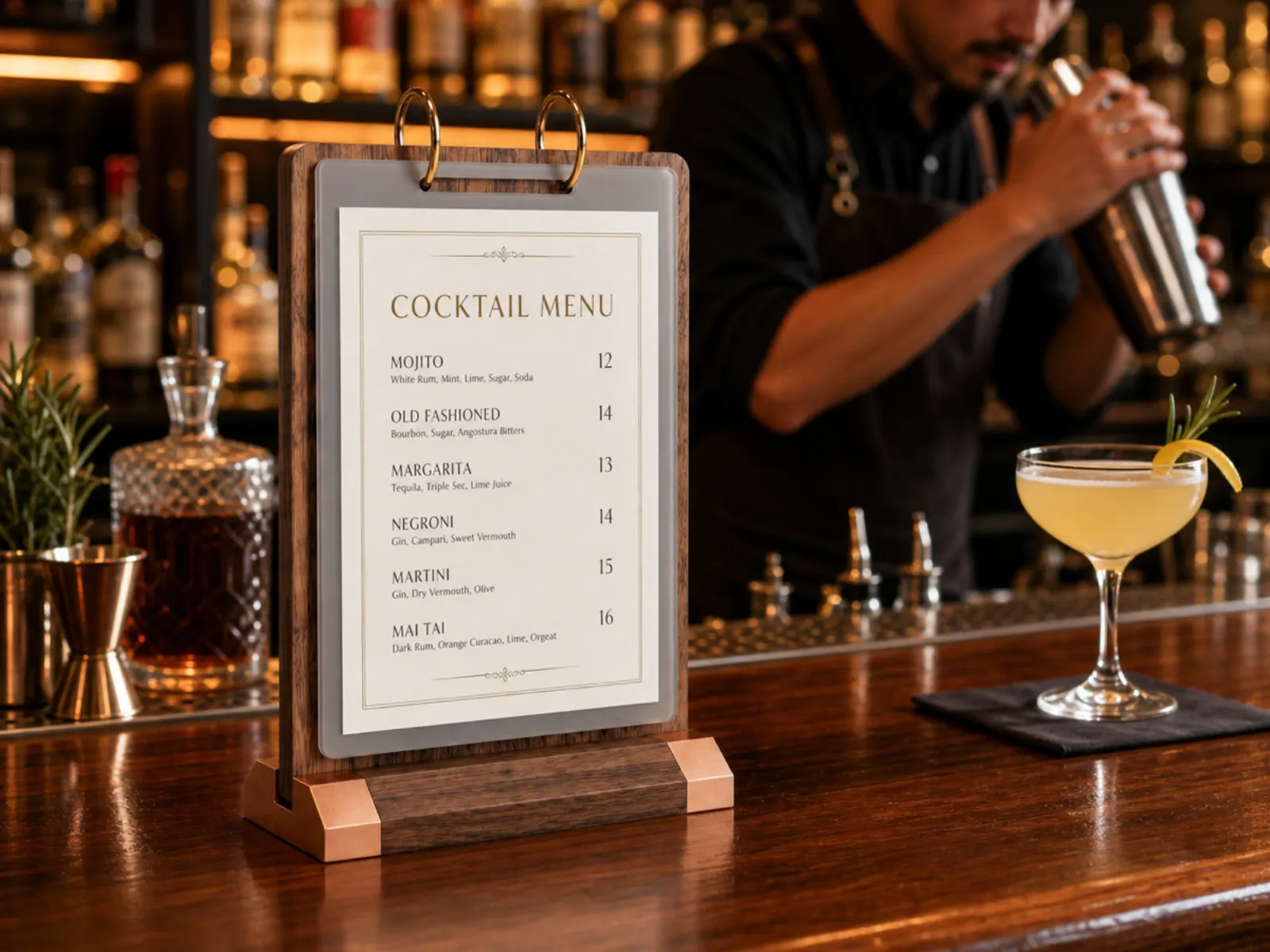 VISUP walnut flip display showing a cocktail menu at a bar