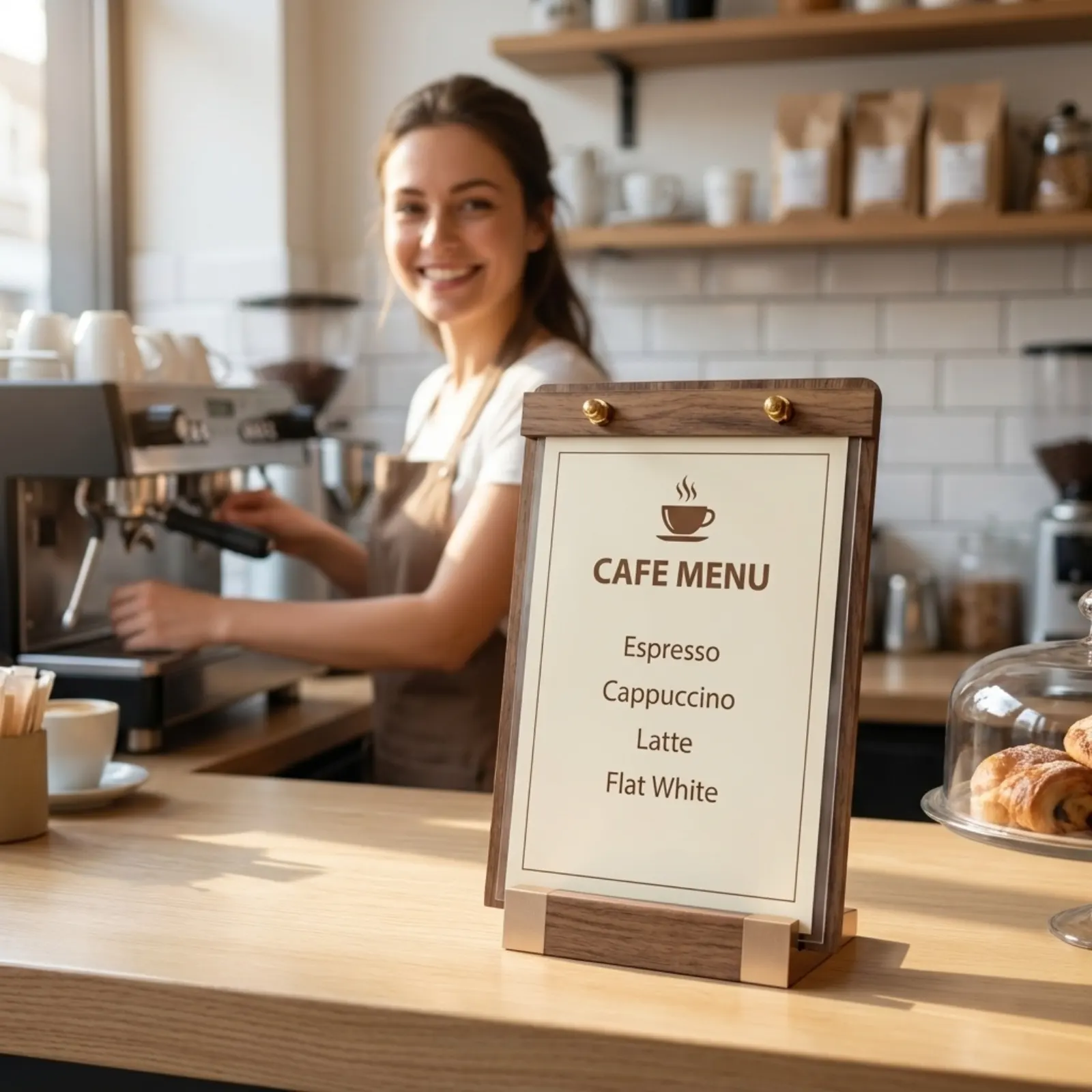 VISUP walnut sign holder in use at a coffee shop