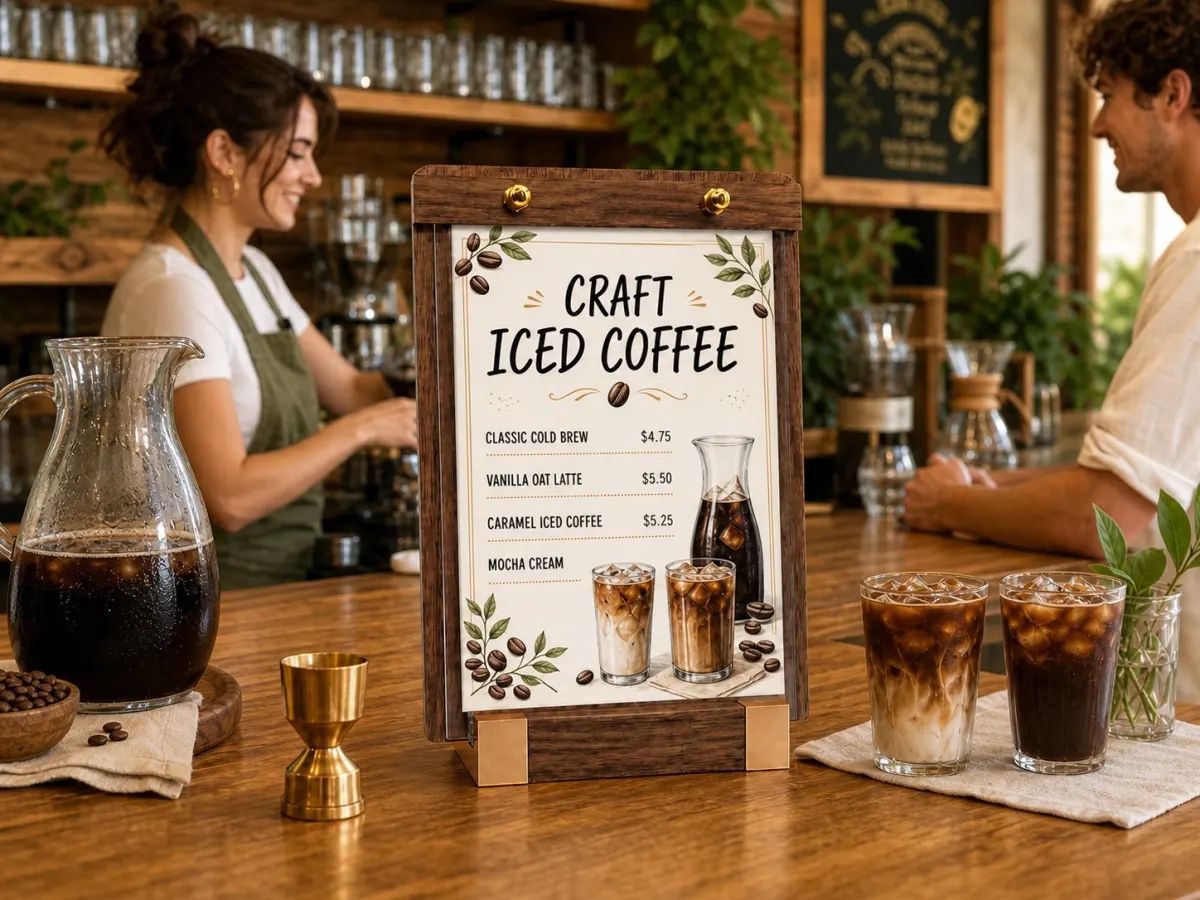 VISUP walnut sign holder in a coffee shop