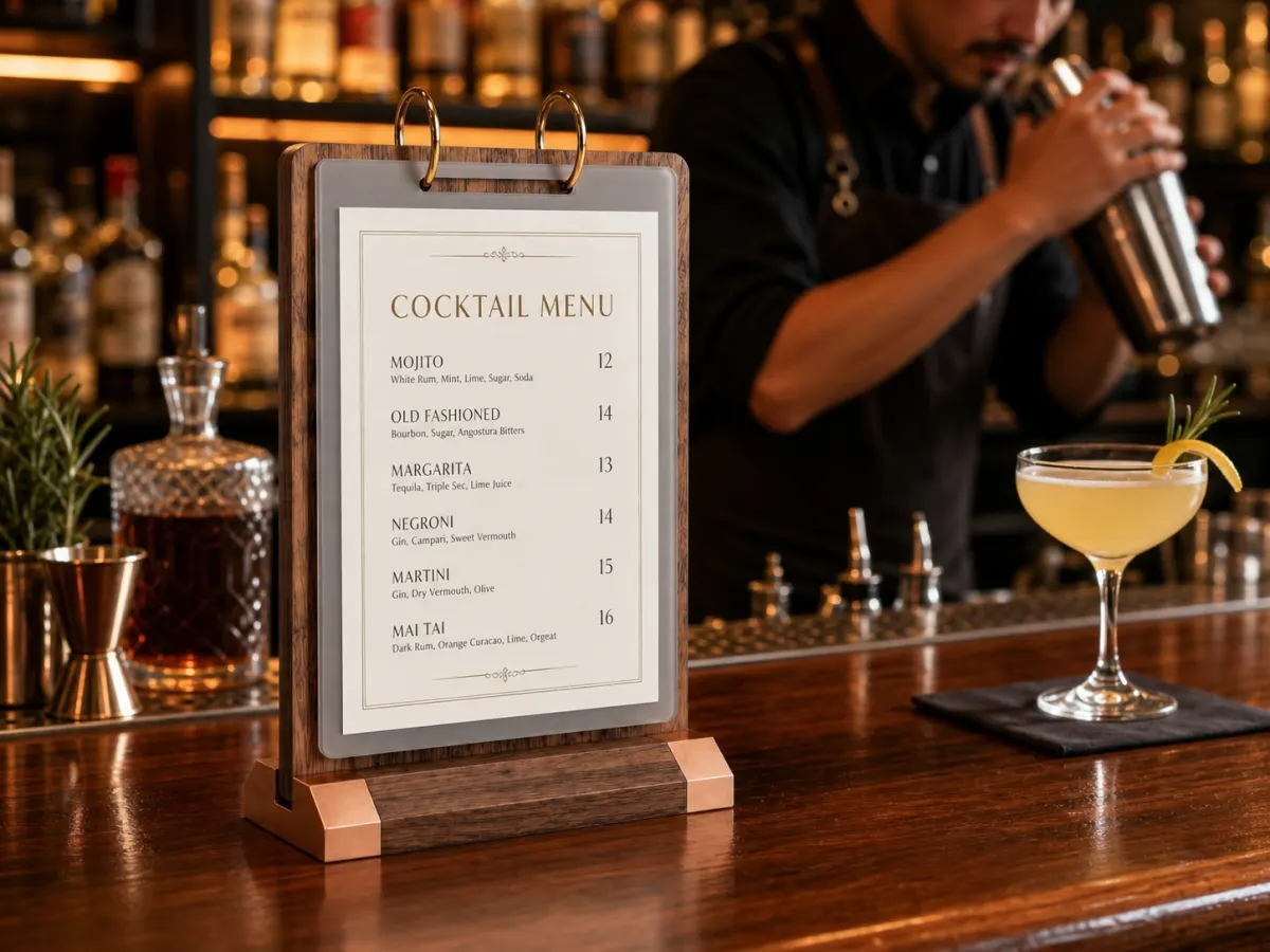 VISUP walnut flip display with a cocktail menu at a bar