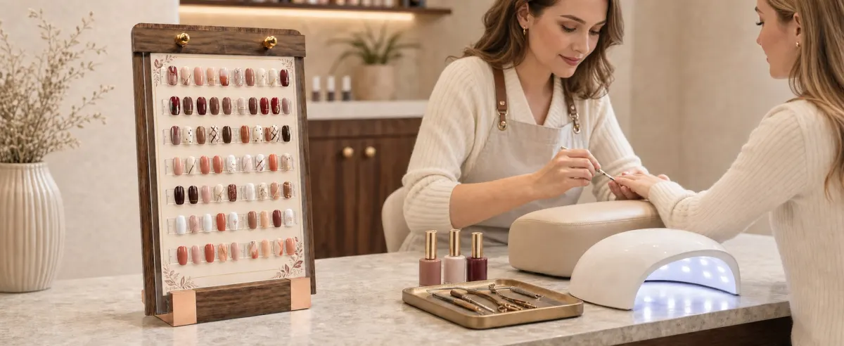 VISUP walnut display used for a salon service menu