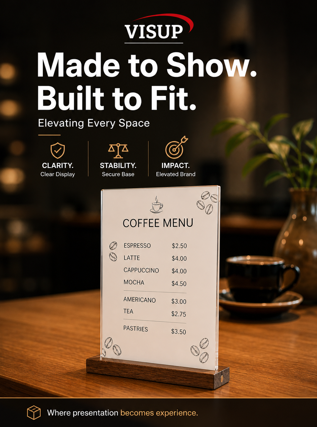VISUP acrylic display with a warm cafe tabletop scene