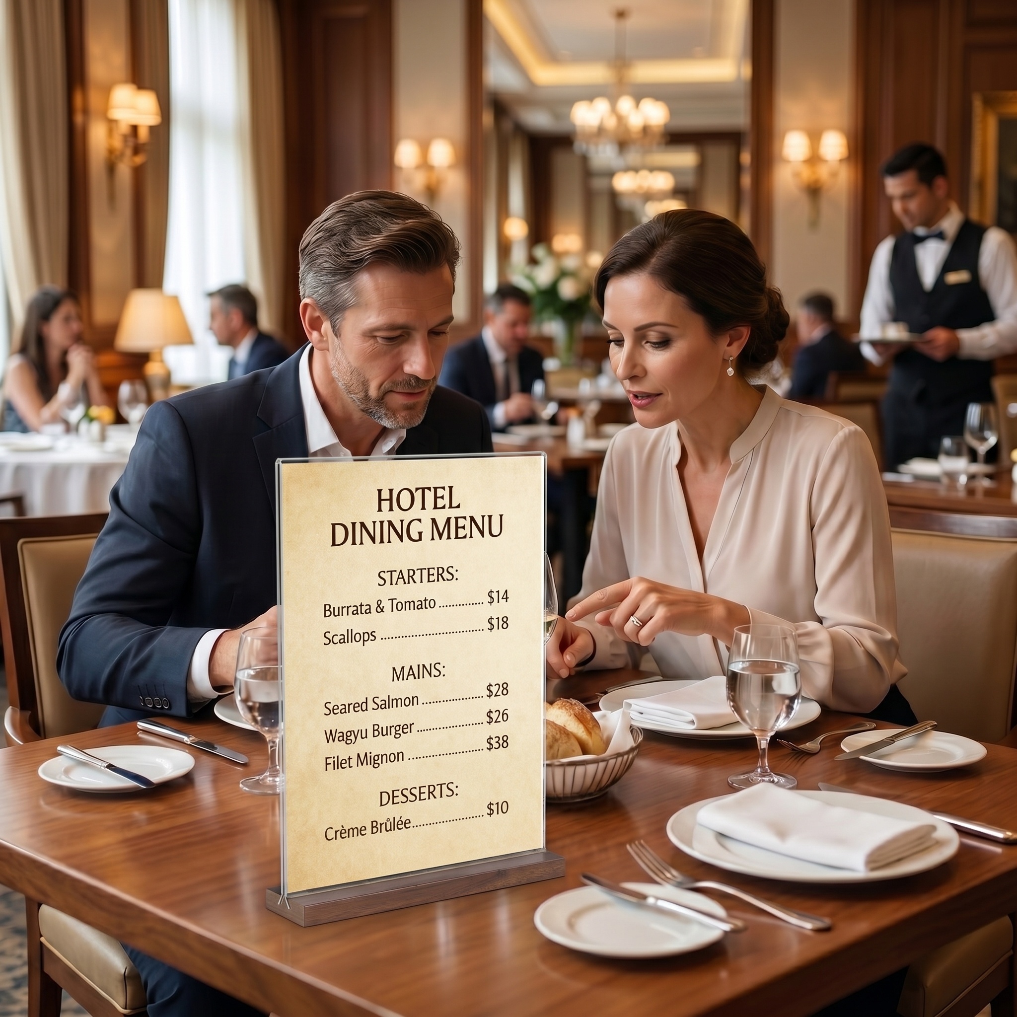 VISUP T-shaped acrylic sign holder with walnut-color MDF base displaying a dining menu on a restaurant table