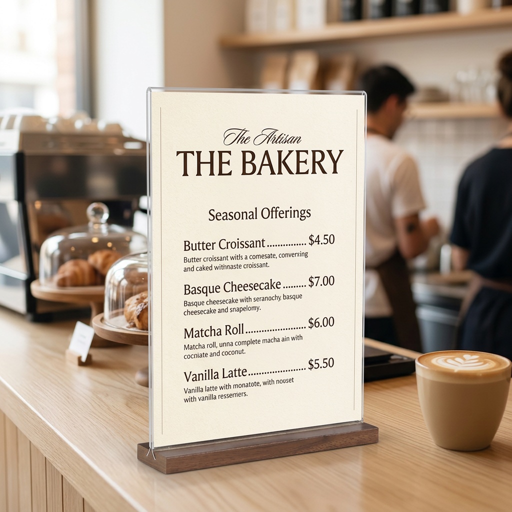 VISUP acrylic sign holder with walnut-color MDF base displaying a bakery menu on a cafe counter