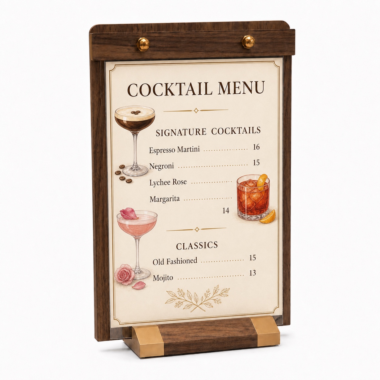 Portrait double-sided walnut wood sign holder displaying a cocktail menu