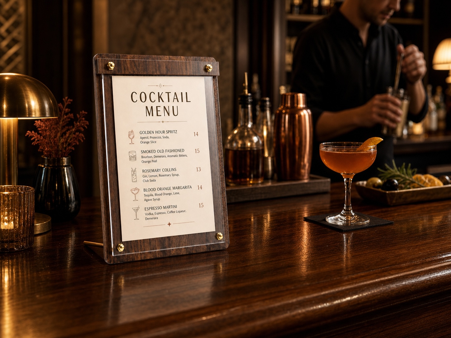 VISUP walnut-color MDF certificate display stand presenting a cocktail menu at a bar
