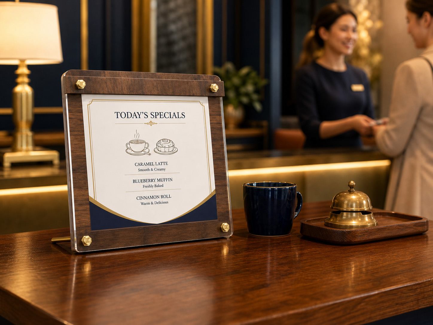 VISUP display stand showing today's specials at a reception counter
