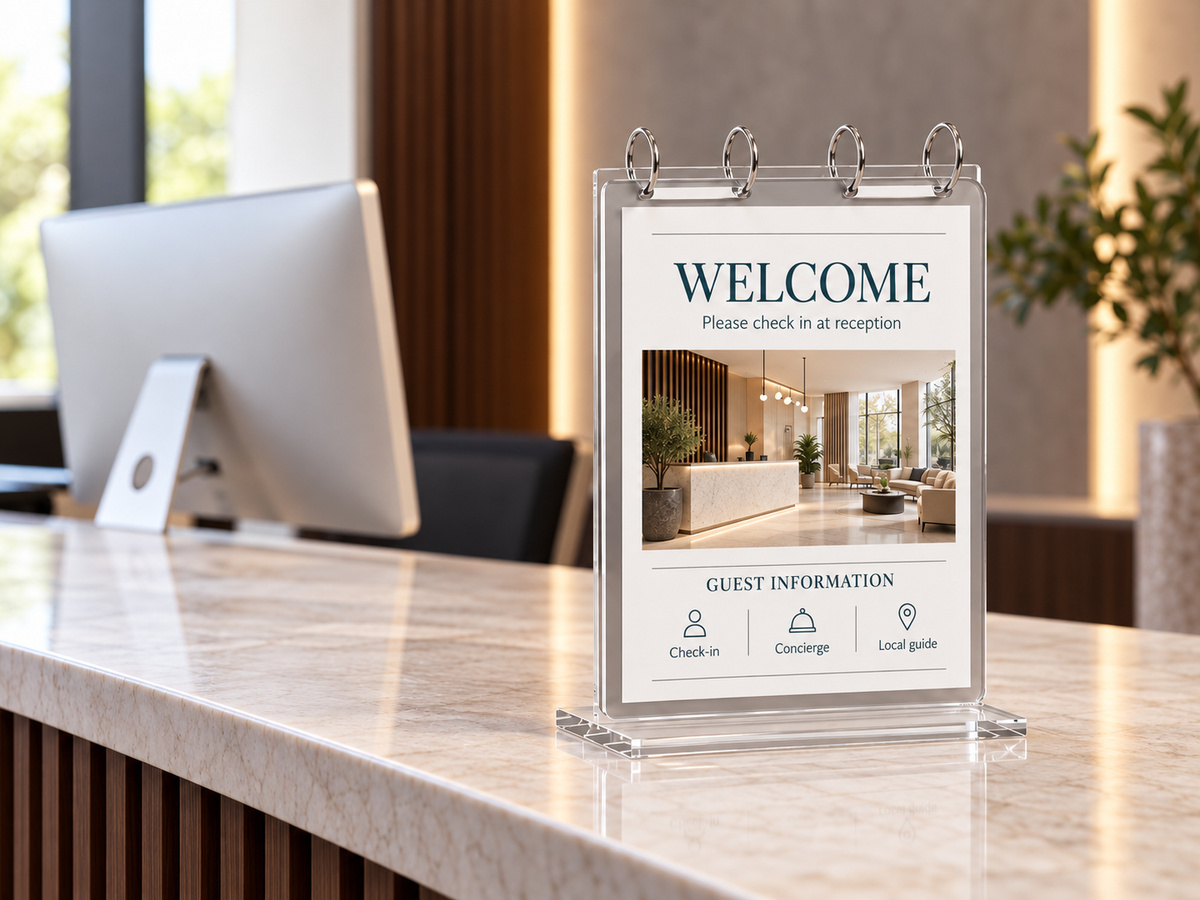 VISUP flip acrylic sign holder displaying a welcome notice on a reception counter