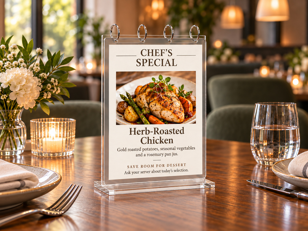 VISUP flip acrylic sign holder displaying a chef's special on a restaurant table