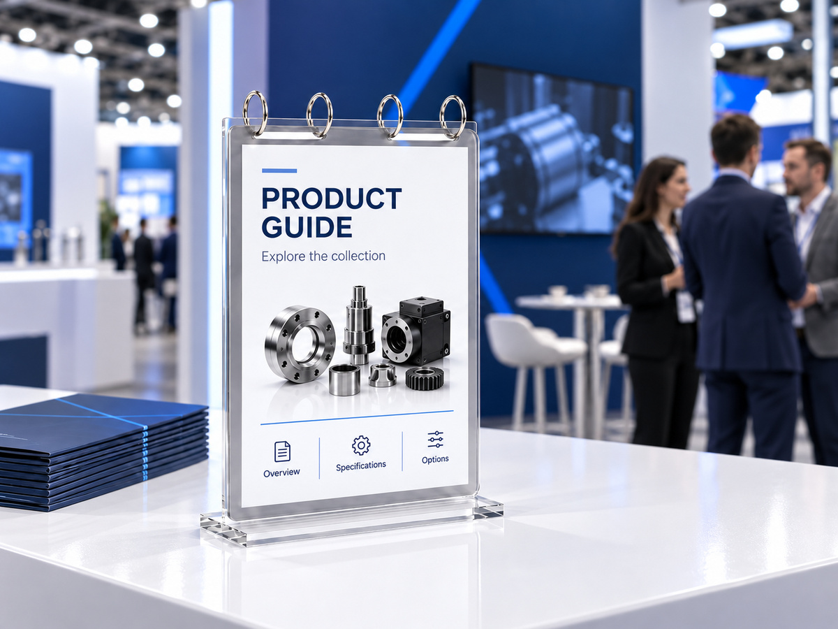 VISUP flip acrylic sign holder presenting a product guide at a trade show booth