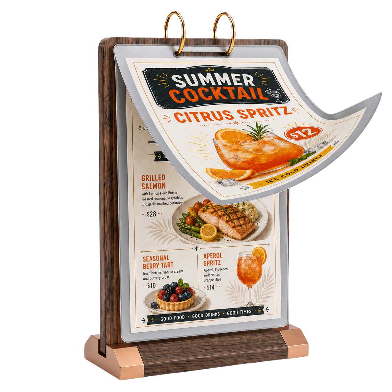 VISUP walnut-color MDF flip sign holder with clear pages