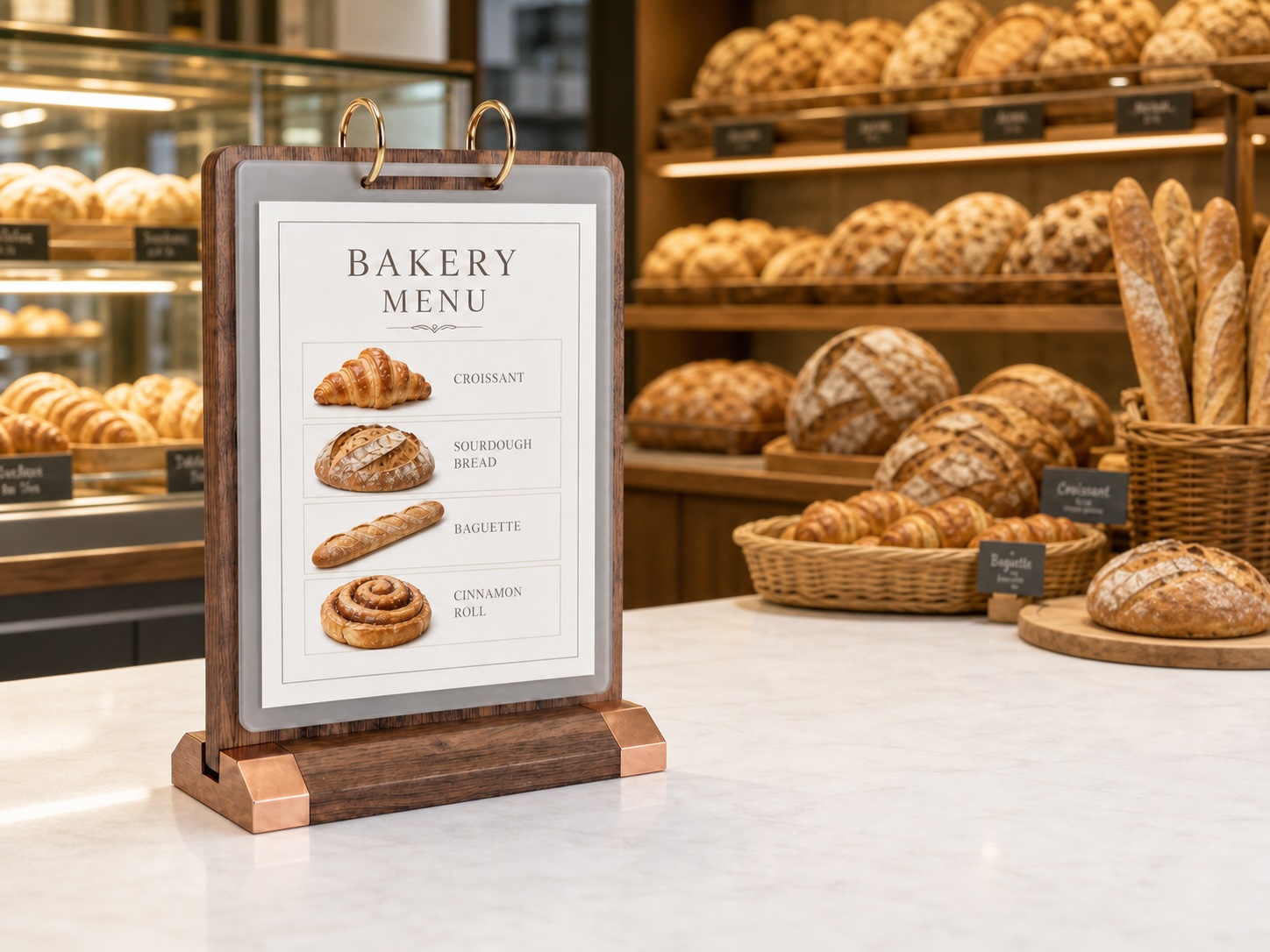 VISUP flip sign holder displaying a bakery menu beside the pastry counter