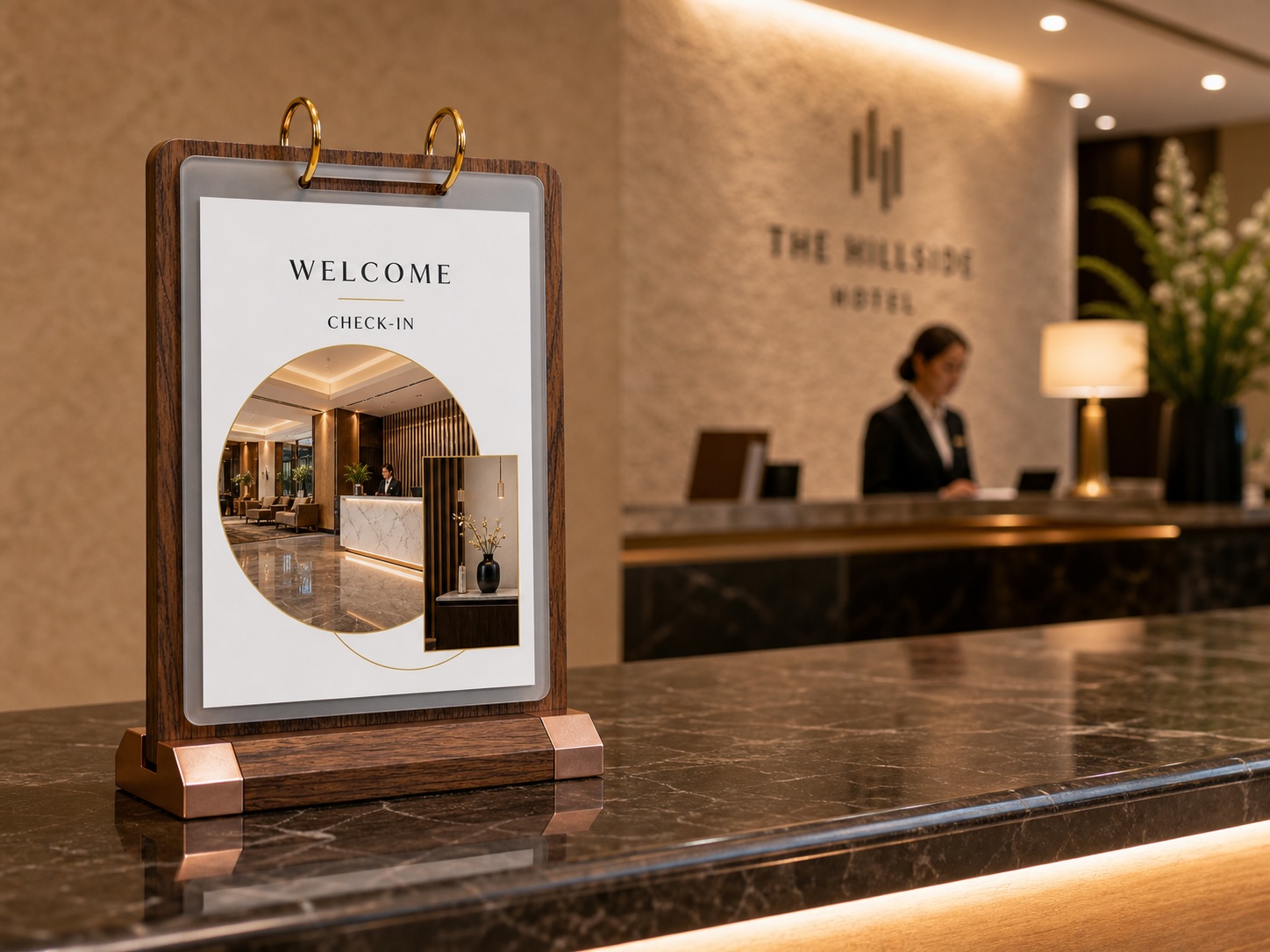 VISUP flip sign holder presenting a welcome message at a reception desk