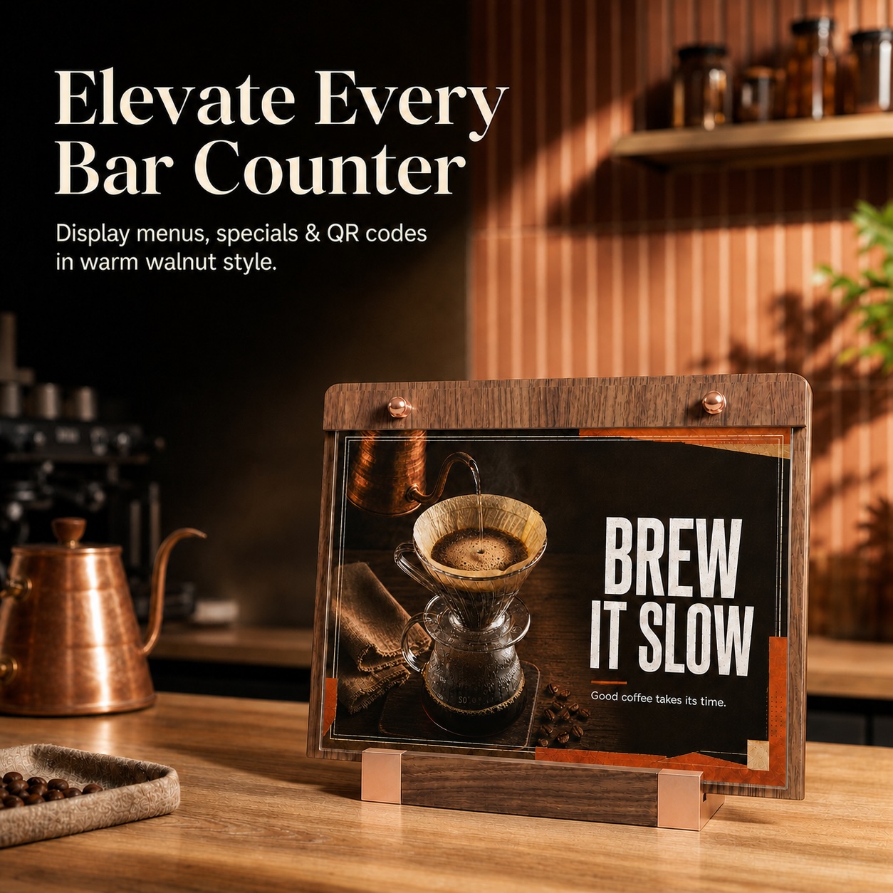 Horizontal sign holder on a cafe counter