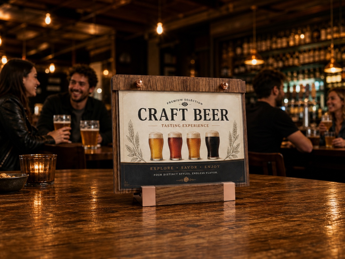 VISUP horizontal walnut-color MDF sign holder presenting a drink menu on a bar counter