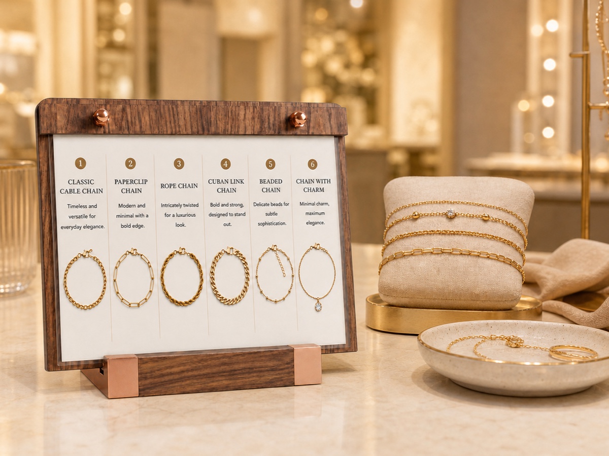 VISUP horizontal sign holder presenting jewelry information in a retail display