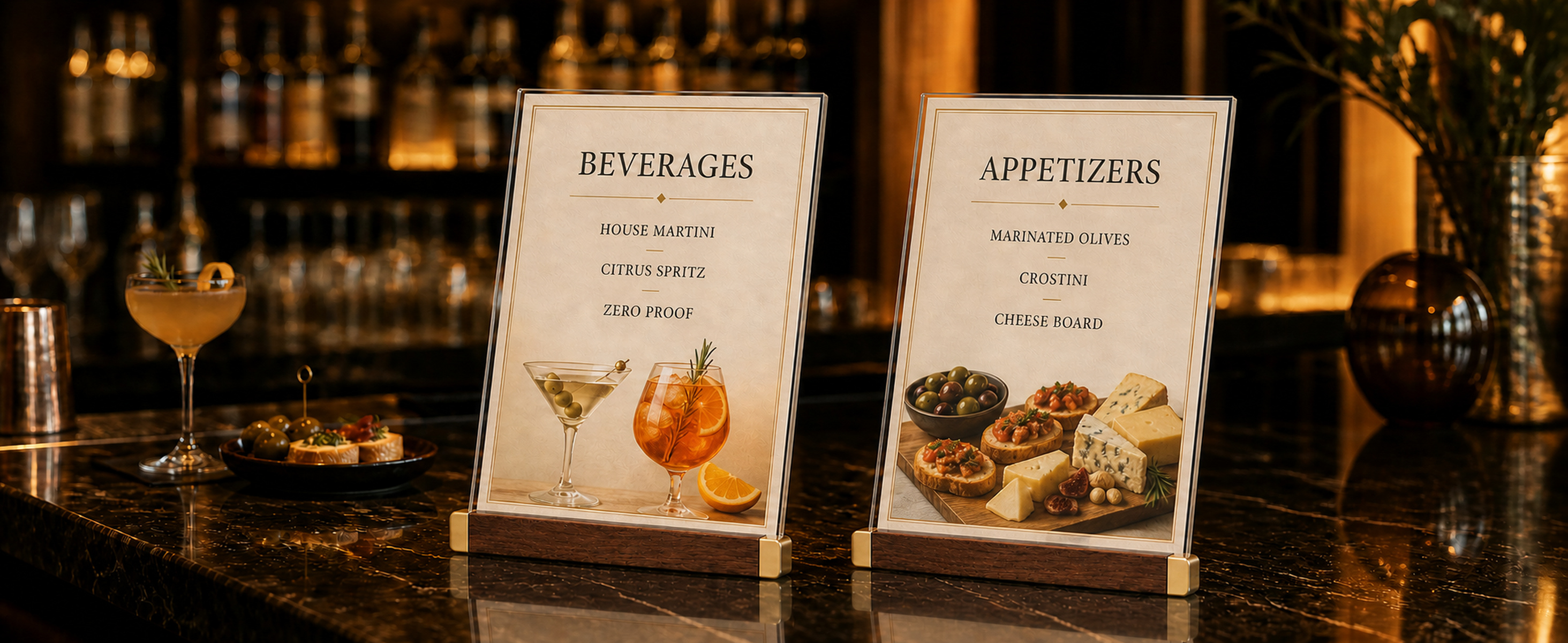 VISUP L-shaped acrylic sign holders with walnut-color MDF bases showing drinks and appetizers at a bar