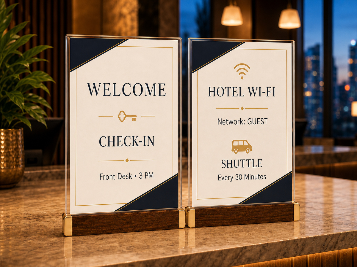 VISUP L-shaped acrylic sign holder presenting visitor information at a hotel reception desk