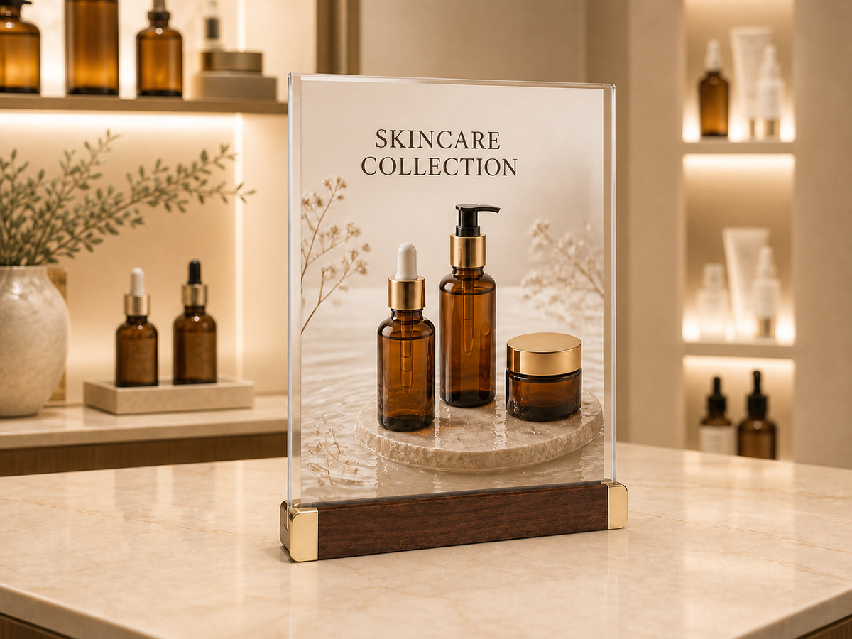 VISUP L-shaped acrylic sign holder showing a skincare product card in a retail display