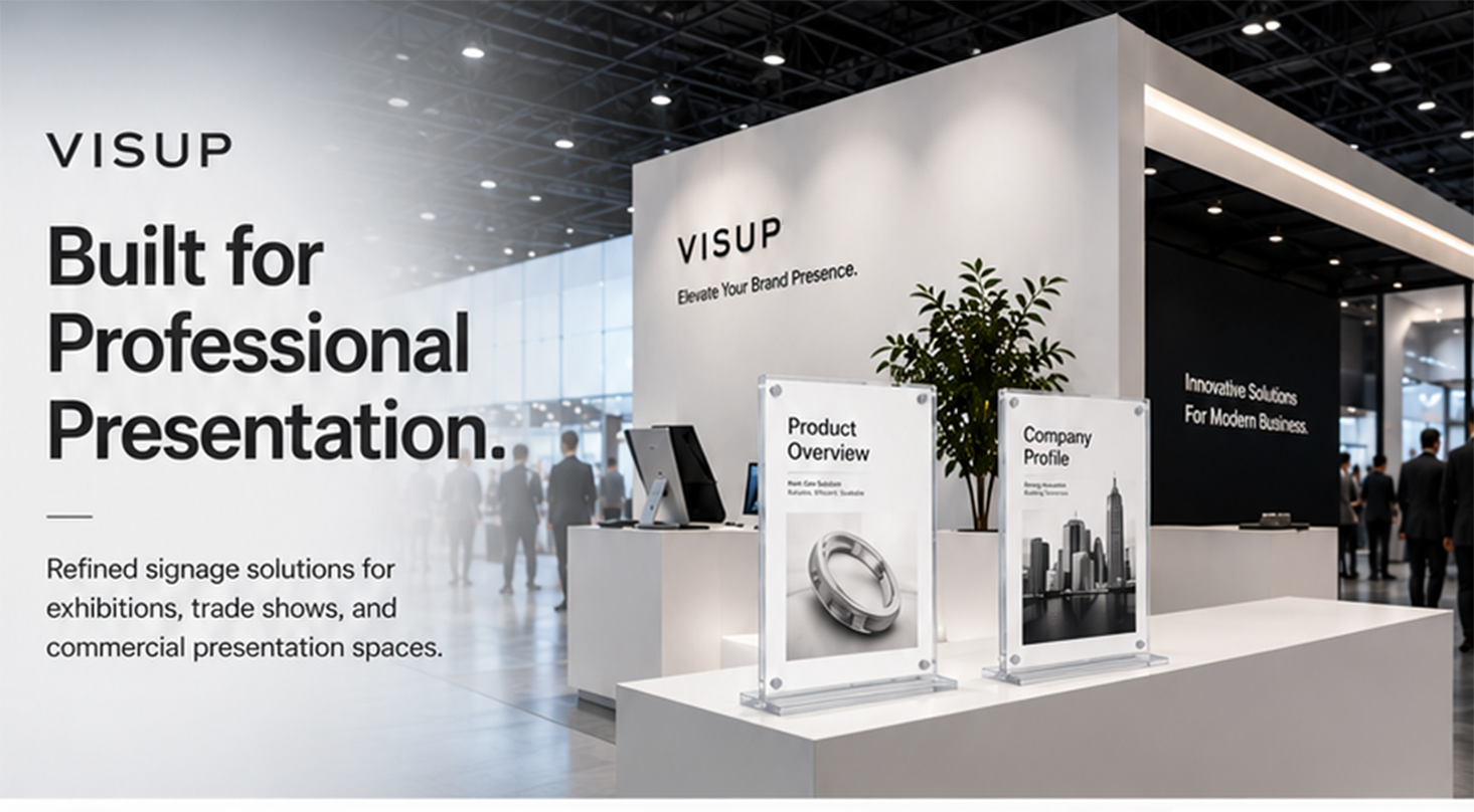VISUP magnetic acrylic sign holder displaying product information at a trade show booth