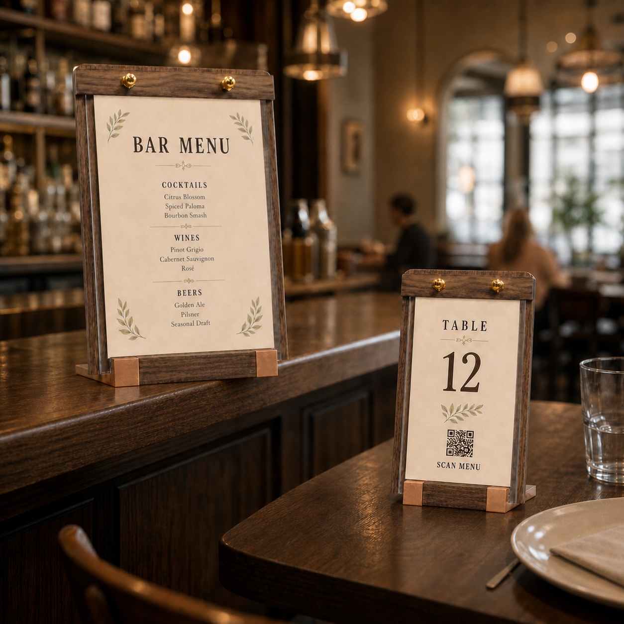 VISUP portrait sign holder showing a table number beside a restaurant table