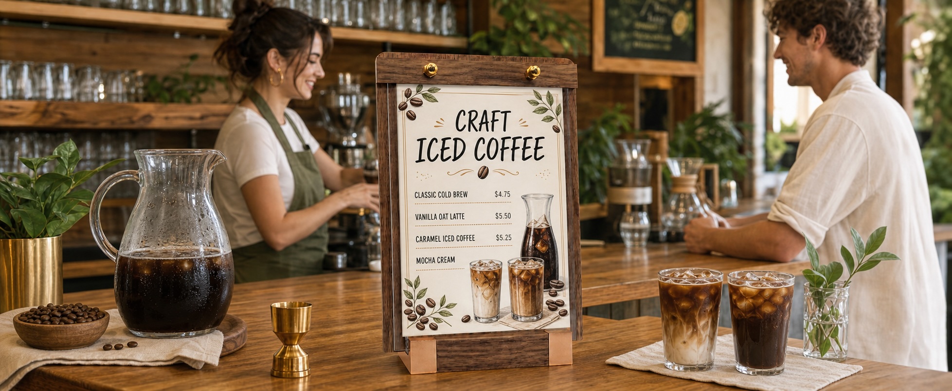 VISUP portrait sign holder displaying an iced coffee menu on a cafe counter