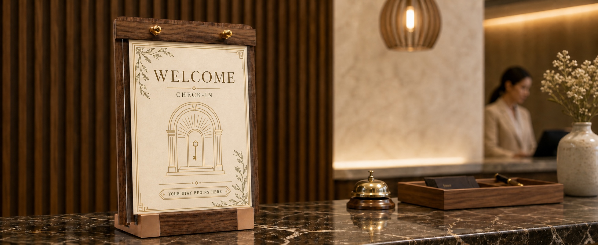 VISUP portrait sign holder displaying a welcome and check-in message at a reception desk